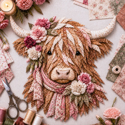 ⏰LAST DAY 49% OFF - 🐮💐🌸 Birth Flower Highland Cow 3D Layered Fabric Art DIY Kit | Complete Kit Included ✂️ Pre-Cut Pieces • Glue or Stitch Your Way • Create a Cozy 3D Highland Cow Decor 💕 - 🌸January / Approximately 16" (40cm)
