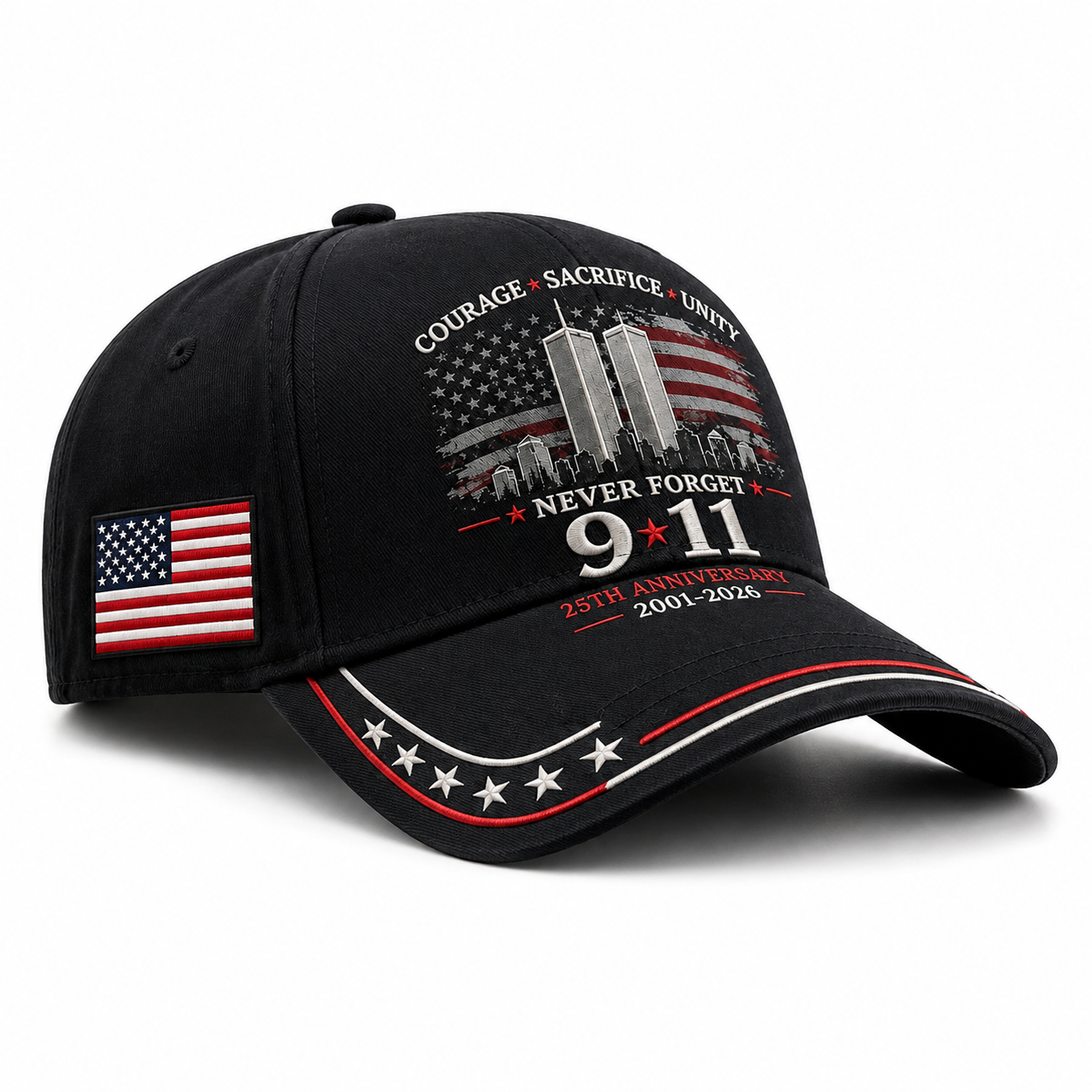 Front and side details of the Never Forget memorial cap