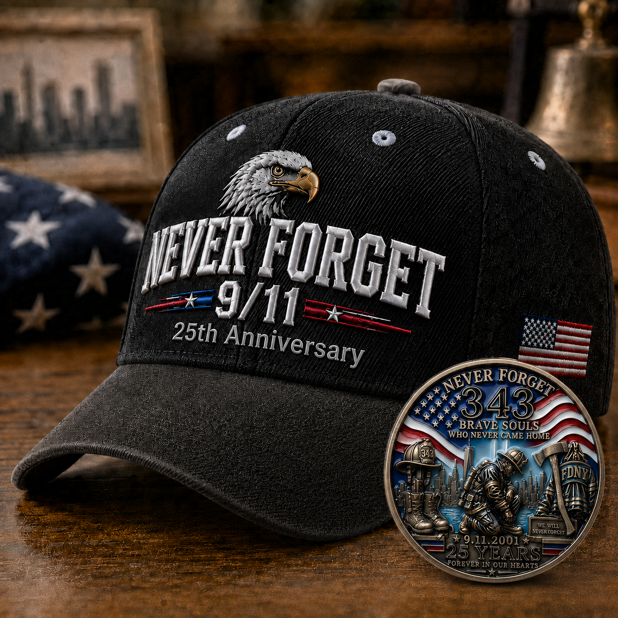🇺🇸 9/11 Never Forget 2001–2026 Honor Cap 🎁 Free Memorial Coin With Every Cap Purchase