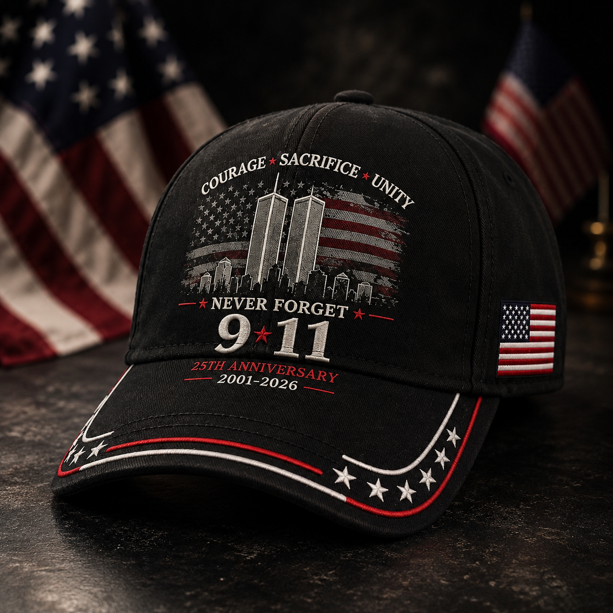 Never Forget 9/11 – 25th Anniversary Memorial Cap | 2001–2026