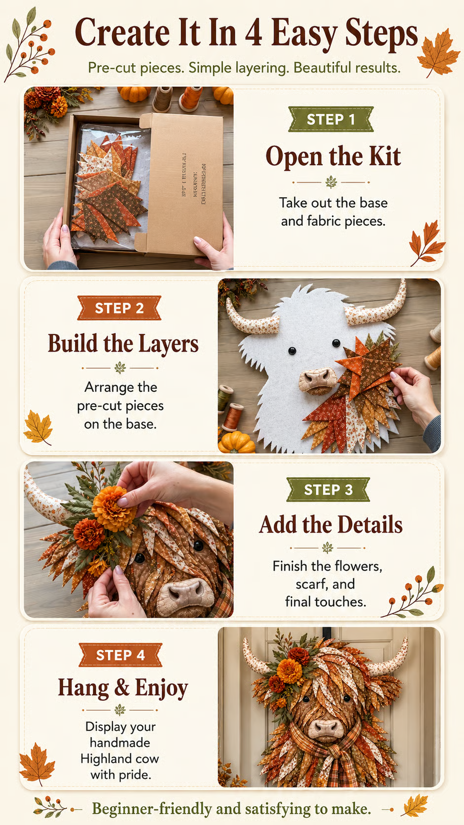 ⏰LAST DAY 49% OFF - 🐮💐🌸 Birth Flower Highland Cow 3D Layered Fabric Art DIY Kit | Complete Kit Included ✂️ Pre-Cut Pieces • Glue or Stitch Your Way • Create a Cozy 3D Highland Cow Decor 💕