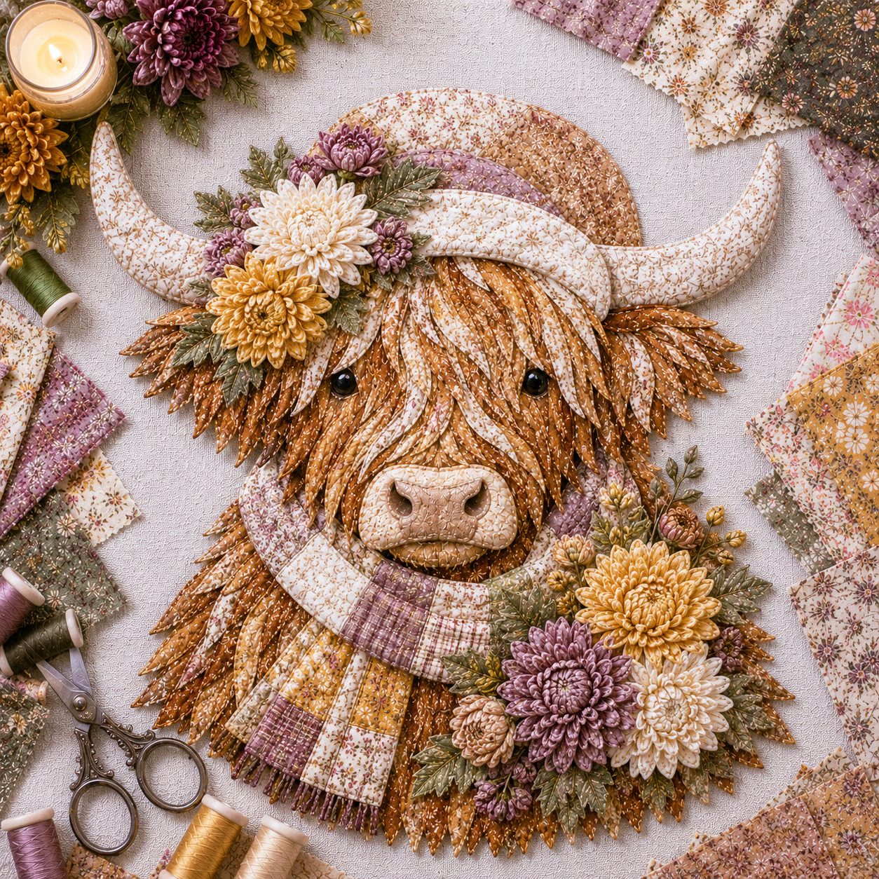 ⏰LAST DAY 49% OFF - 🐮💐🌸 Birth Flower Highland Cow 3D Layered Fabric Art DIY Kit | Complete Kit Included ✂️ Pre-Cut Pieces • Glue or Stitch Your Way • Create a Cozy 3D Highland Cow Decor 💕
