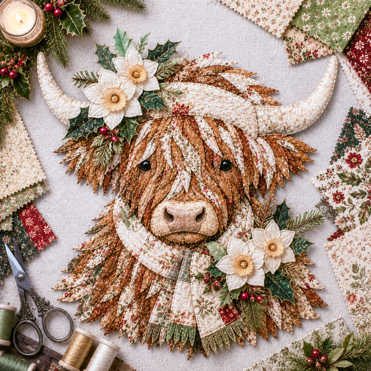 ⏰LAST DAY 49% OFF - 🐮💐🌸 Birth Flower Highland Cow 3D Layered Fabric Art DIY Kit | Complete Kit Included ✂️ Pre-Cut Pieces • Glue or Stitch Your Way • Create a Cozy 3D Highland Cow Decor 💕