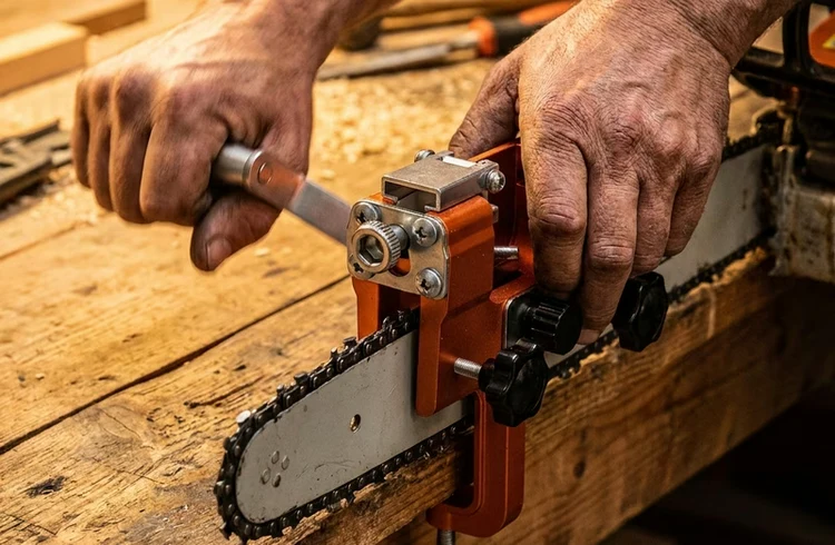 RazorWolf chainsaw sharpening tool in use